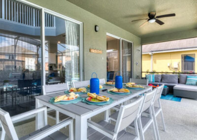 The covered lanai & alfresco dining area at Emerald Island Resort 18, Kissimmee