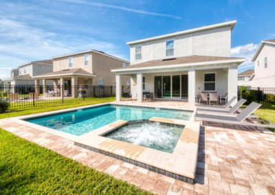 The covered lanai, alfresco dining area & swimming pool at Encore Resort 550, Kissimmee