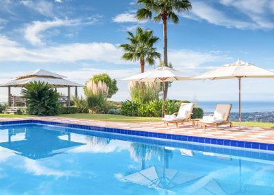 The shady gazebo & swimming pool at Villa Mirador, Benahavís